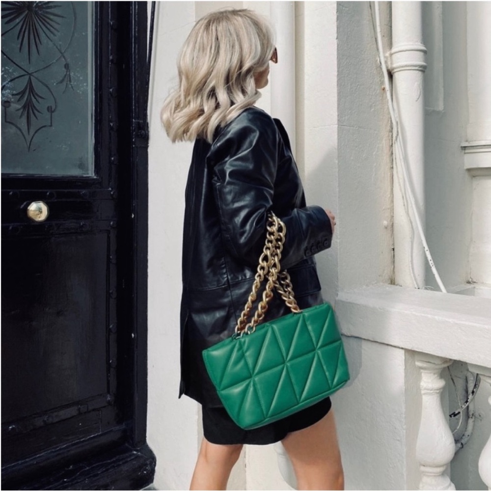 Zara Quilted Dark Green Shoulder Bag with Gold Chain